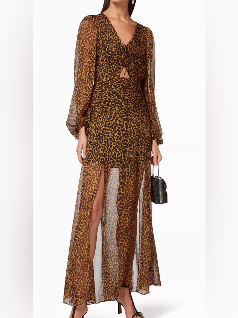 Shona Joy Brown Leopard Print Sheer Maxi Dress with Front Slits